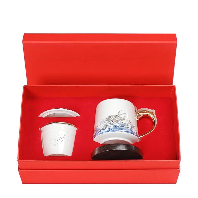 羊脂玉茶杯陶瓷主人杯茶水分离个人杯套装鎏金杯垫水杯德化白瓷杯
