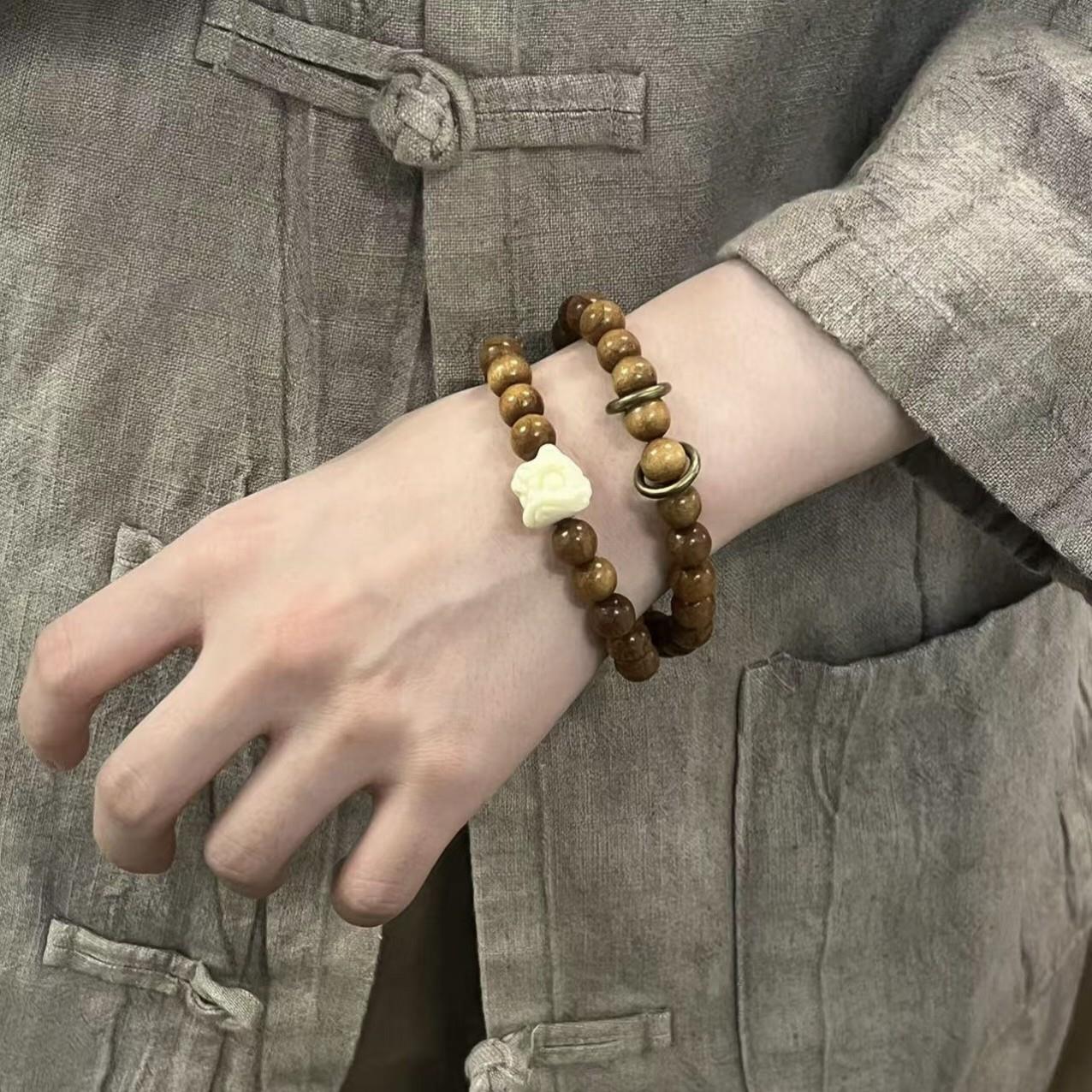 天然金丝楠木搭配醒狮手串男女双圈招财转运木制文玩佛珠古风手链
