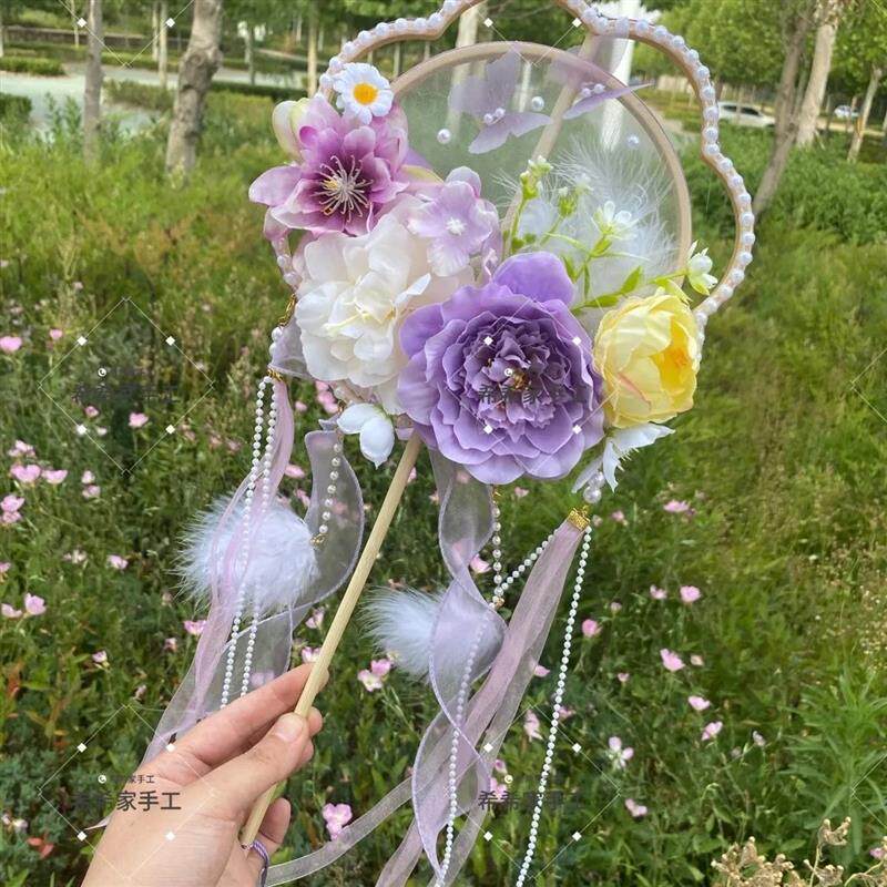 自制手工古风绢花双框团扇拍照汉服配饰景区工艺品流苏超仙网红扇
