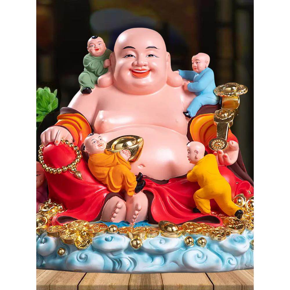 五子弥勒大佛五子登科给大肚米勒树脂佛像招财，居家客厅供奉摆件