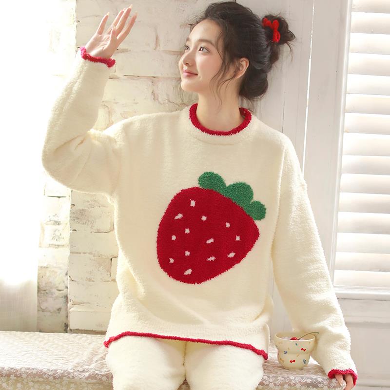 2025新款甜美半边绒睡衣女秋冬圆领加绒加厚长袖家居服套装可外穿