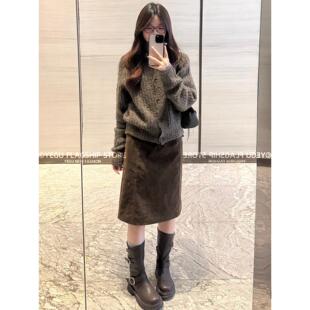 乌木棕麂皮绒半身裙女秋冬美拉德高腰a字中裙小个子五分包臀短裙