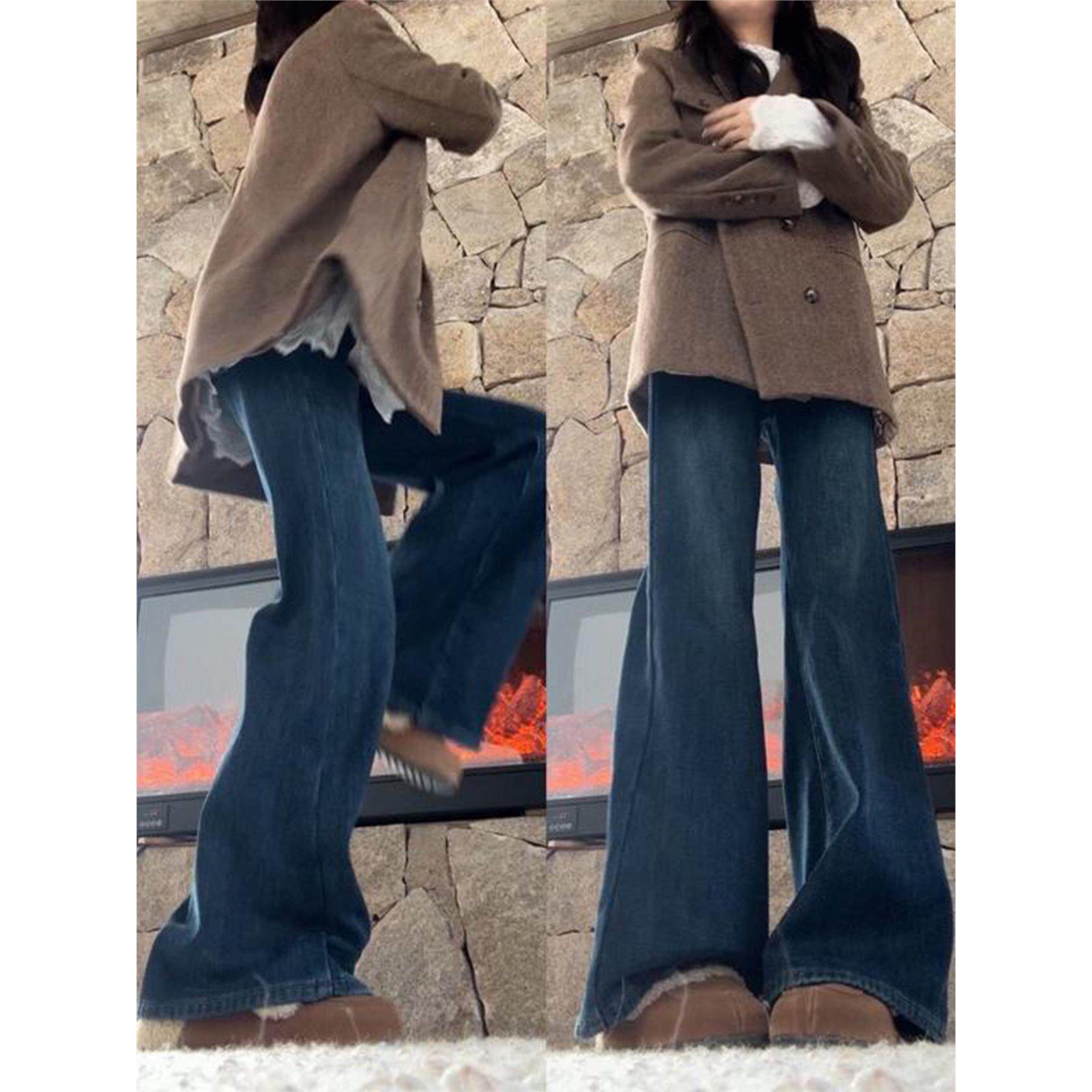 加绒加厚蓝色微喇牛仔裤女秋冬新款大码胖mm高腰显瘦不贴腿喇叭裤