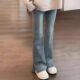 大尺码 新款 胖mm高腰弹力喇叭拖地 女2025夏季 浅蓝色开叉微喇牛仔裤