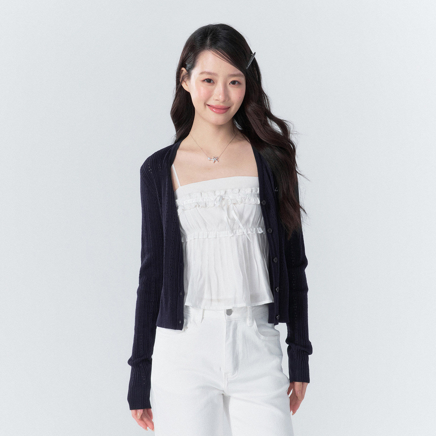 BUBBLELEY 韩系深蓝学院风开衫镂空刺绣修身毛衣百搭针织衫外套女