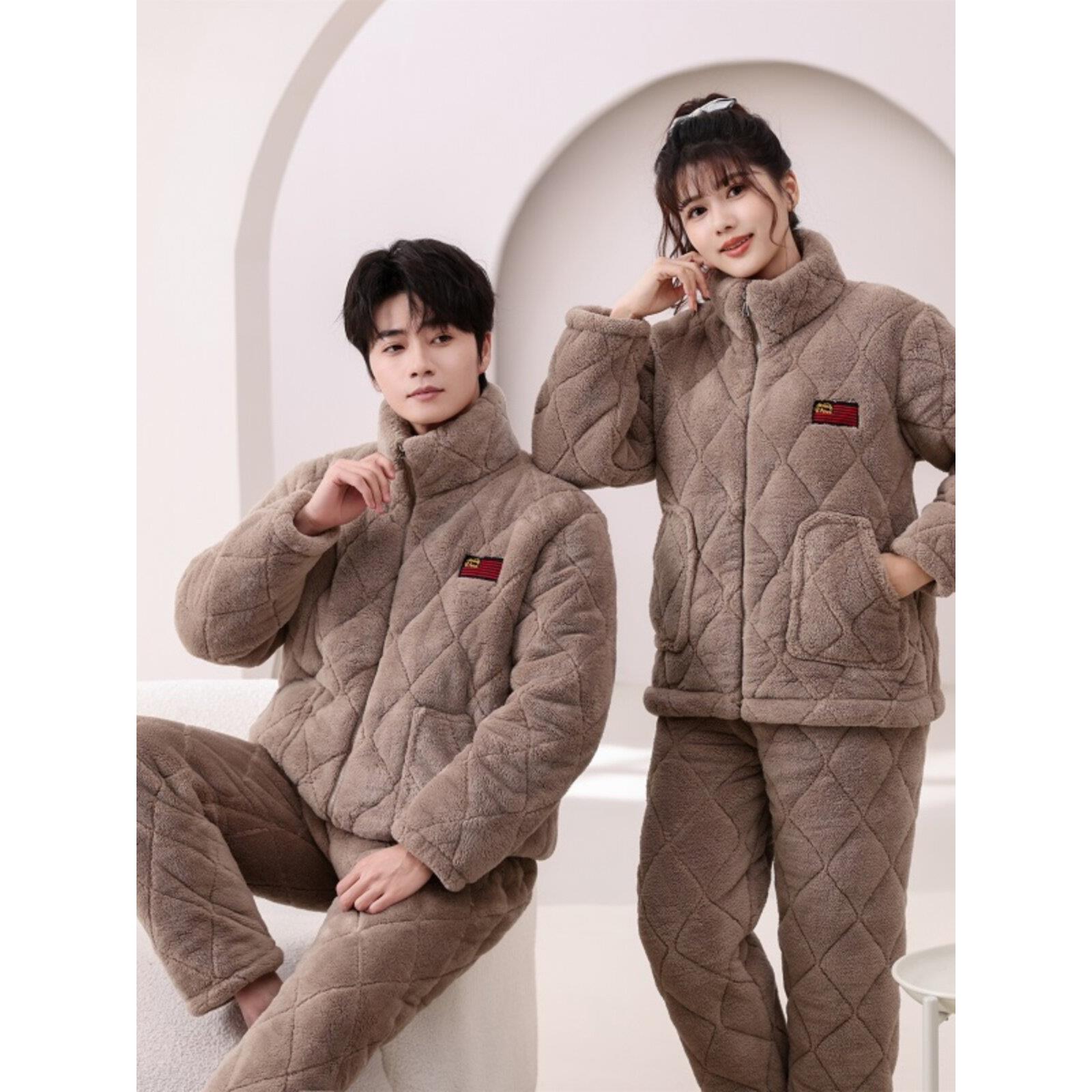 冬季新款男女情侣款睡衣加绒保暖家居服冬款套装大码保暖拉炼睡衣