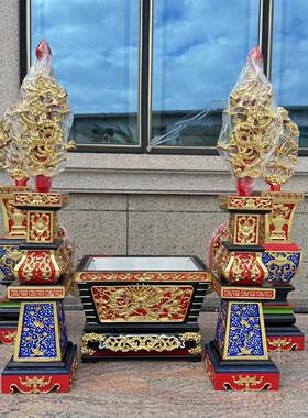 彩色大五供花瓶烛台马槽香炉佛前供奉摆件木雕工艺宴王套川头5供