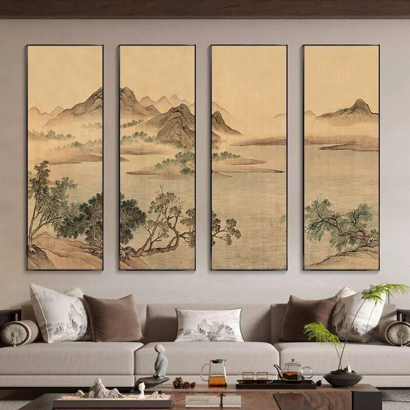 新中式山水风景装饰画客厅四联画大气沙发背景墙挂画防水