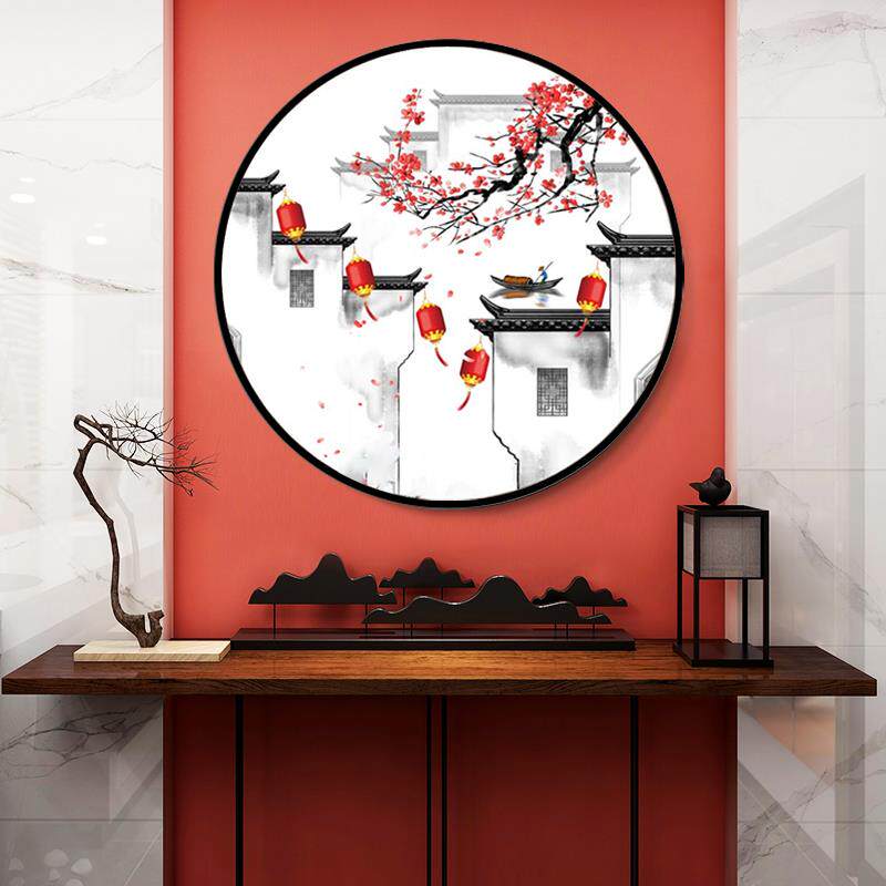 新中式圆形装饰画徽派简约现代玄关客厅餐厅挂画水墨山水组合壁画