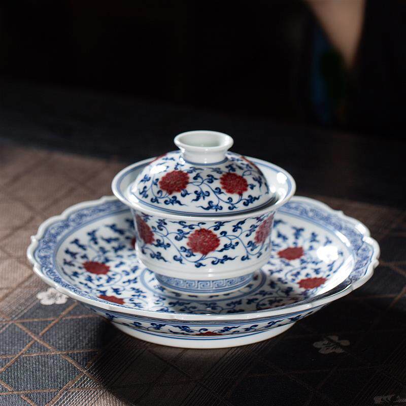 翰林手工青花釉里红缠住连花边壶承景德镇陶瓷功夫茶具茶盘干炮台