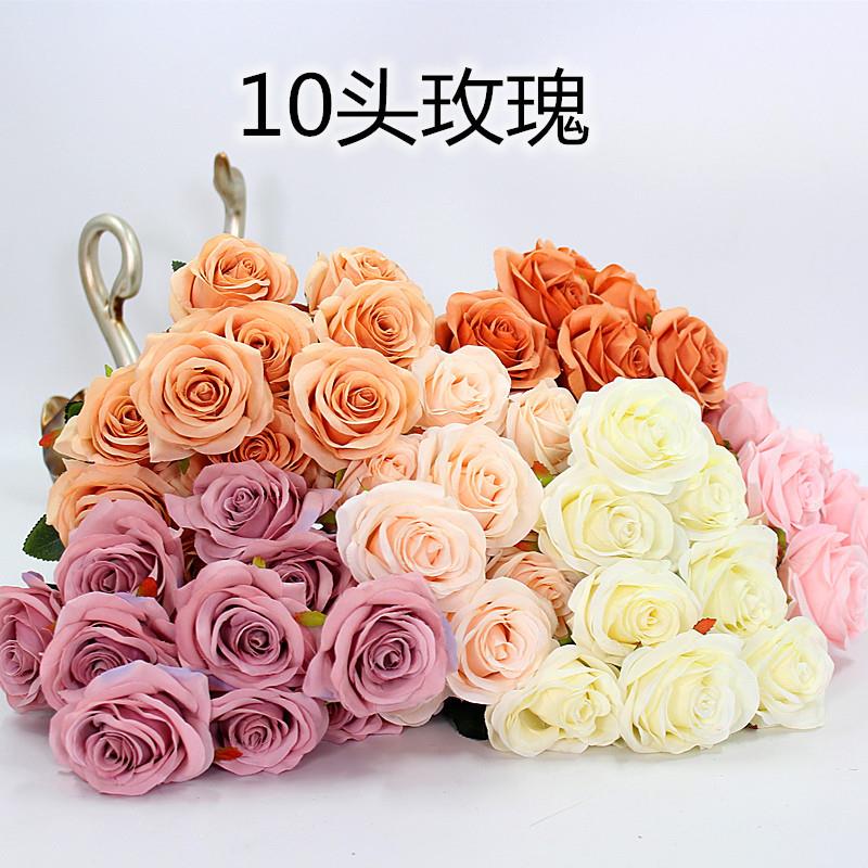 真10头卷边玫瑰花把束法式花束家居装饰婚庆路引仿真花假玫瑰