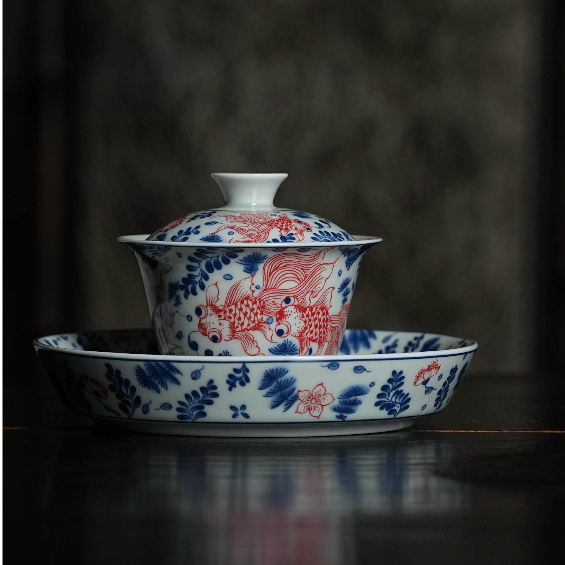青花三才盖碗复古鱼藻纹悬停泡茶器中式家用陶瓷功夫茶具防烫茶碗