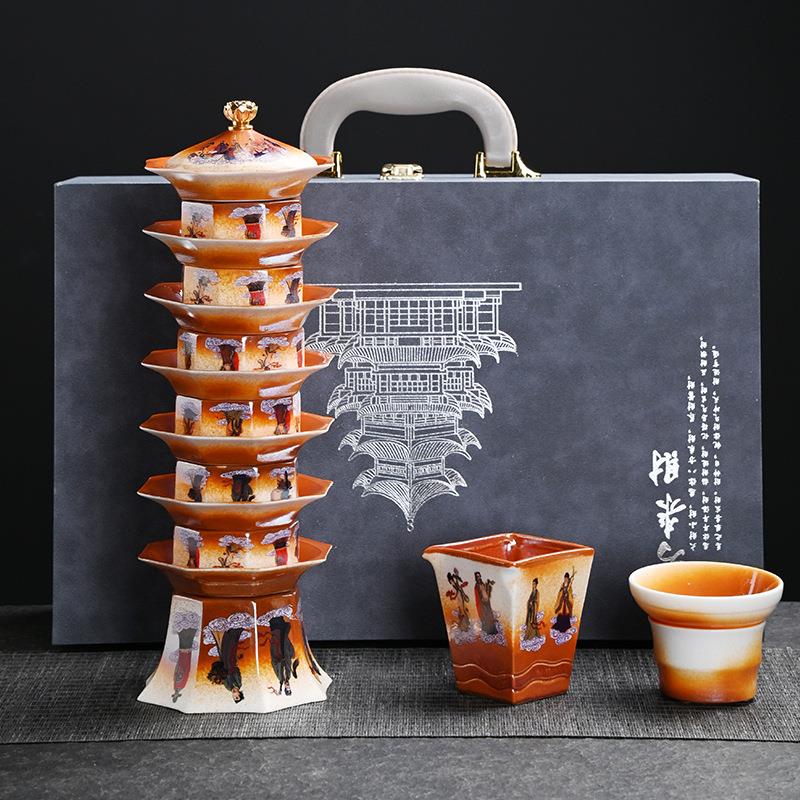 特色复古柴烧八角宝塔功夫茶具套装新款特价高档礼盒陶瓷礼品