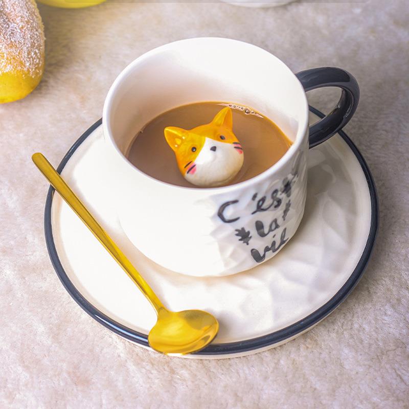 创意卡通浮雕陶瓷杯小动物马克杯杯内猫咪咖啡杯带杯碟家用牛奶杯