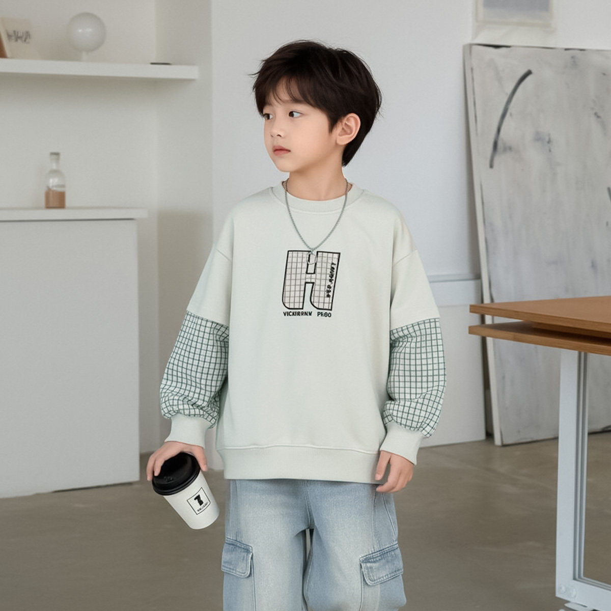 马卡乐男童长袖t恤纯棉假两件儿童上衣2026新款大童春装打底衫