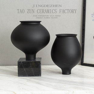 景德镇高级感黑色陶罐花瓶中式禅意陶瓷摆件客厅桌面干支插花花器