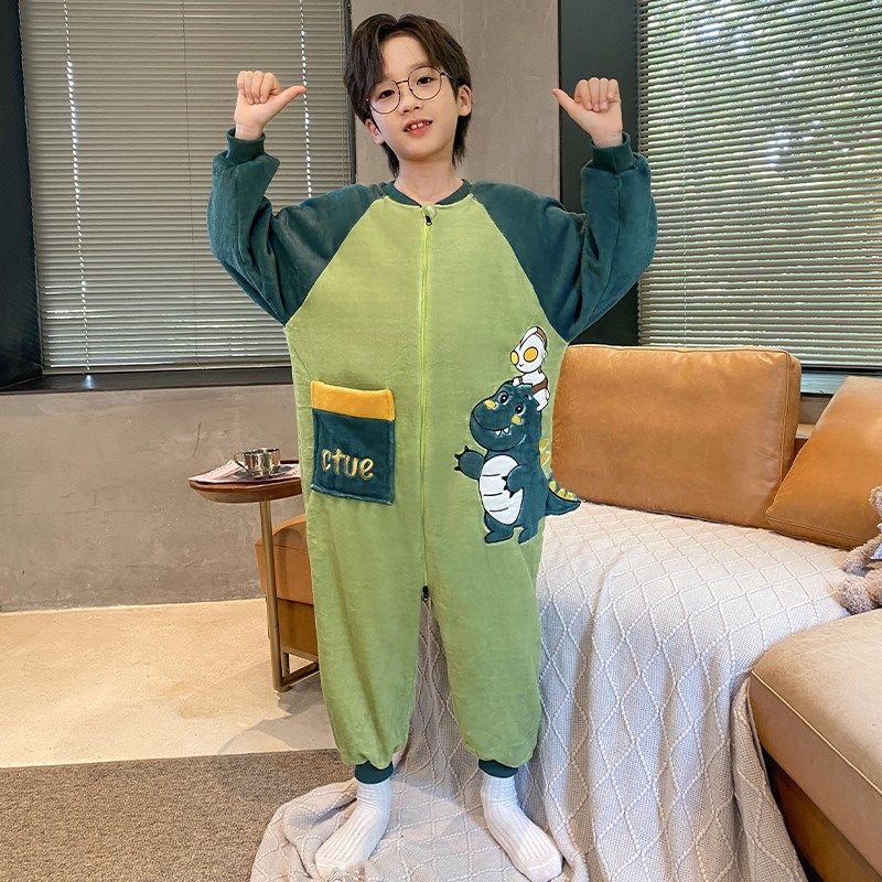 男童连体睡衣秋冬薄款珊瑚绒防踢被中大童男孩法兰绒冬季儿童睡袋
