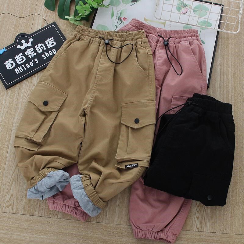 儿童纯棉双层夹裤中大童宽松工装裤男女童加厚束脚休闲裤冬季新款