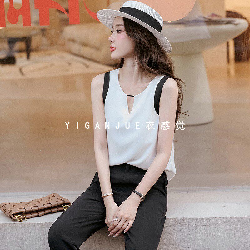夏装新款V领白色西装内搭背心女宽松外穿遮肚子无袖雪纺上衣打底