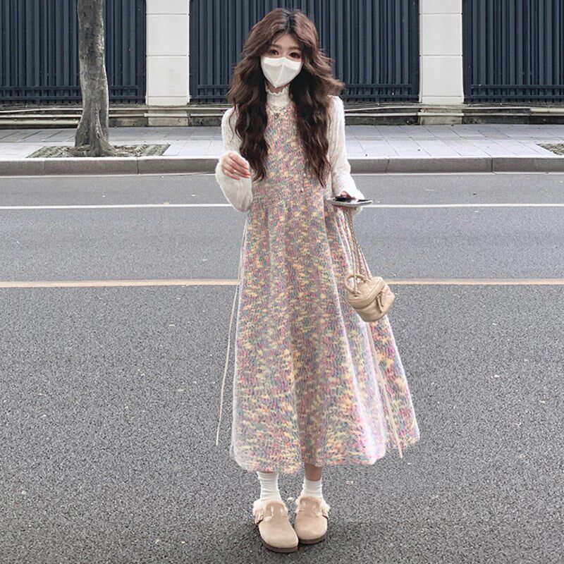 大码女装2024胖mm秋冬新中式彩虹甜美针织背心连衣裙蕾丝上衣套装