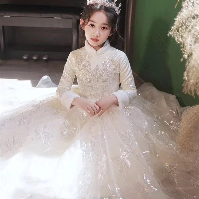 大码女大童长袖礼服花童婚礼女孩公主裙生日宴会主持人钢琴演出服