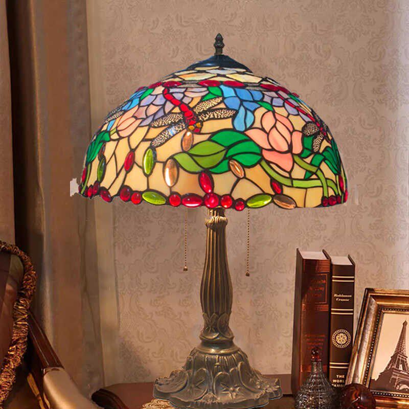 16寸美式田园复古彩玻艺术灯饰大气别墅圆形客厅卧室书房床头台灯