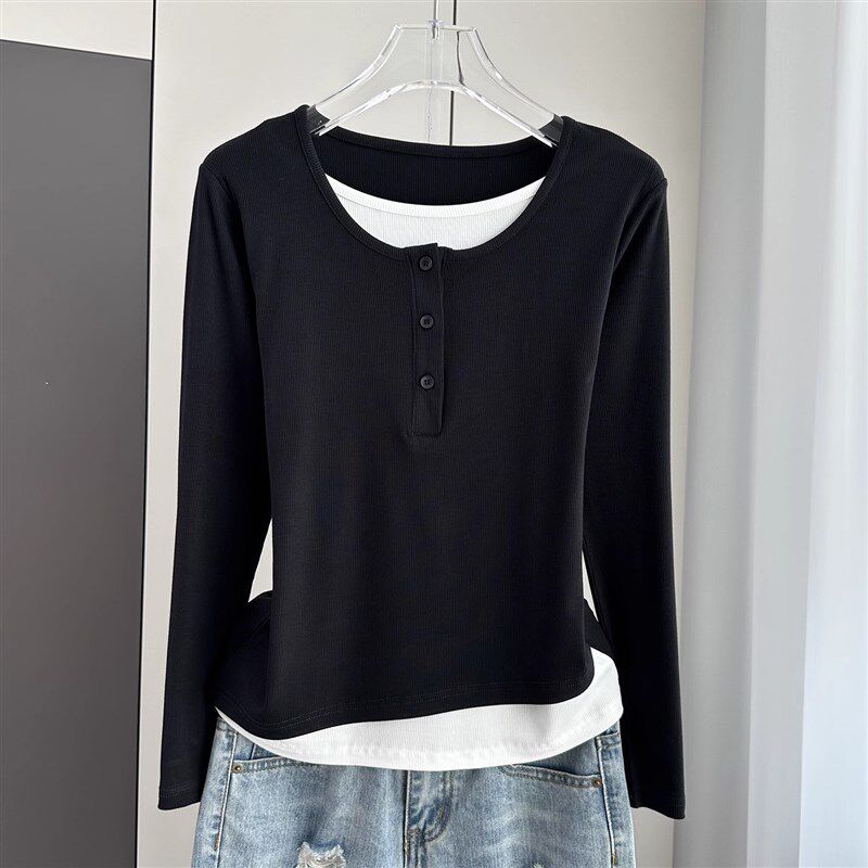 长袖t恤女2024新款早初秋冬季薄款假两件内搭打底衫宽松外穿上衣