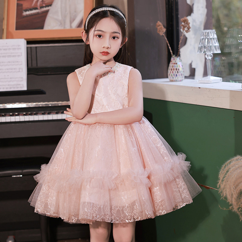 粉色公主裙女童高端礼服秋季花童婚礼小女孩儿童主持人钢琴演出服
