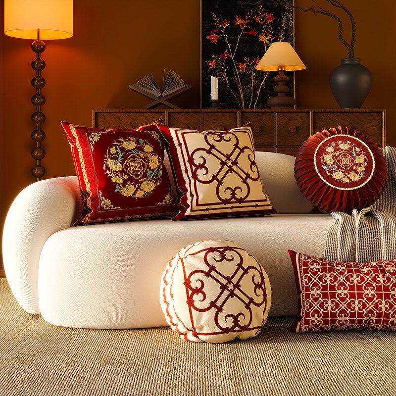 新中式红色喜庆抱枕客厅沙发腰枕国风结婚靠枕靠垫高级感床头靠背