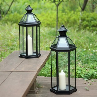 欧式铁艺玻璃婚庆风灯蜡烛烛台摆件户外庭院落地马灯手提防风灯