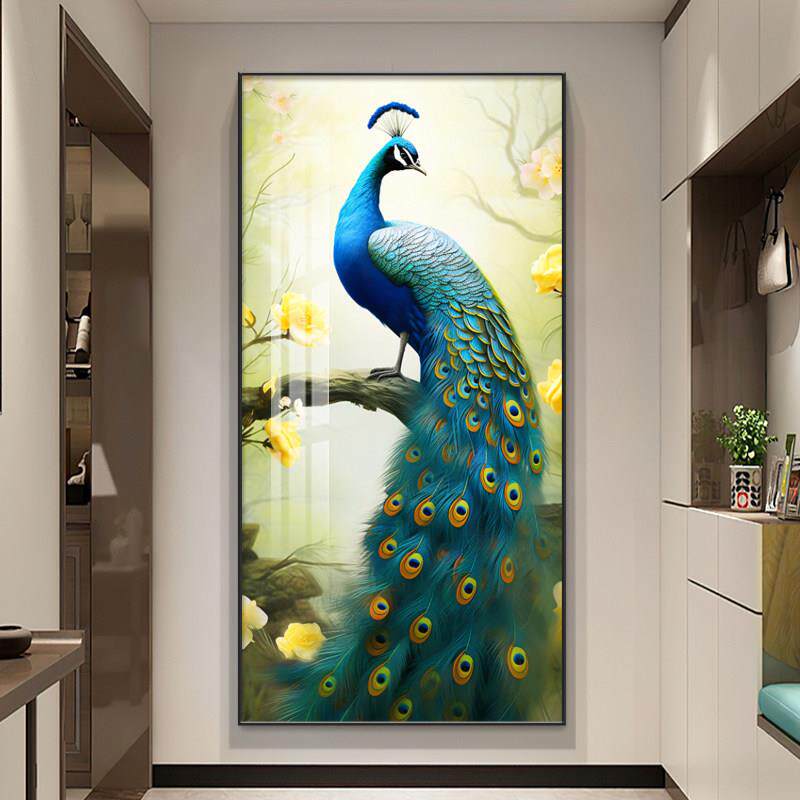孔雀花开富贵吉祥入户玄关装饰画走廊过道客厅壁画竖版正对门挂画