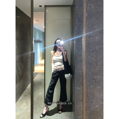 WENWAN【都市雅痞 私服1:1】小众设计高腰侧口袋工装微喇七分裤