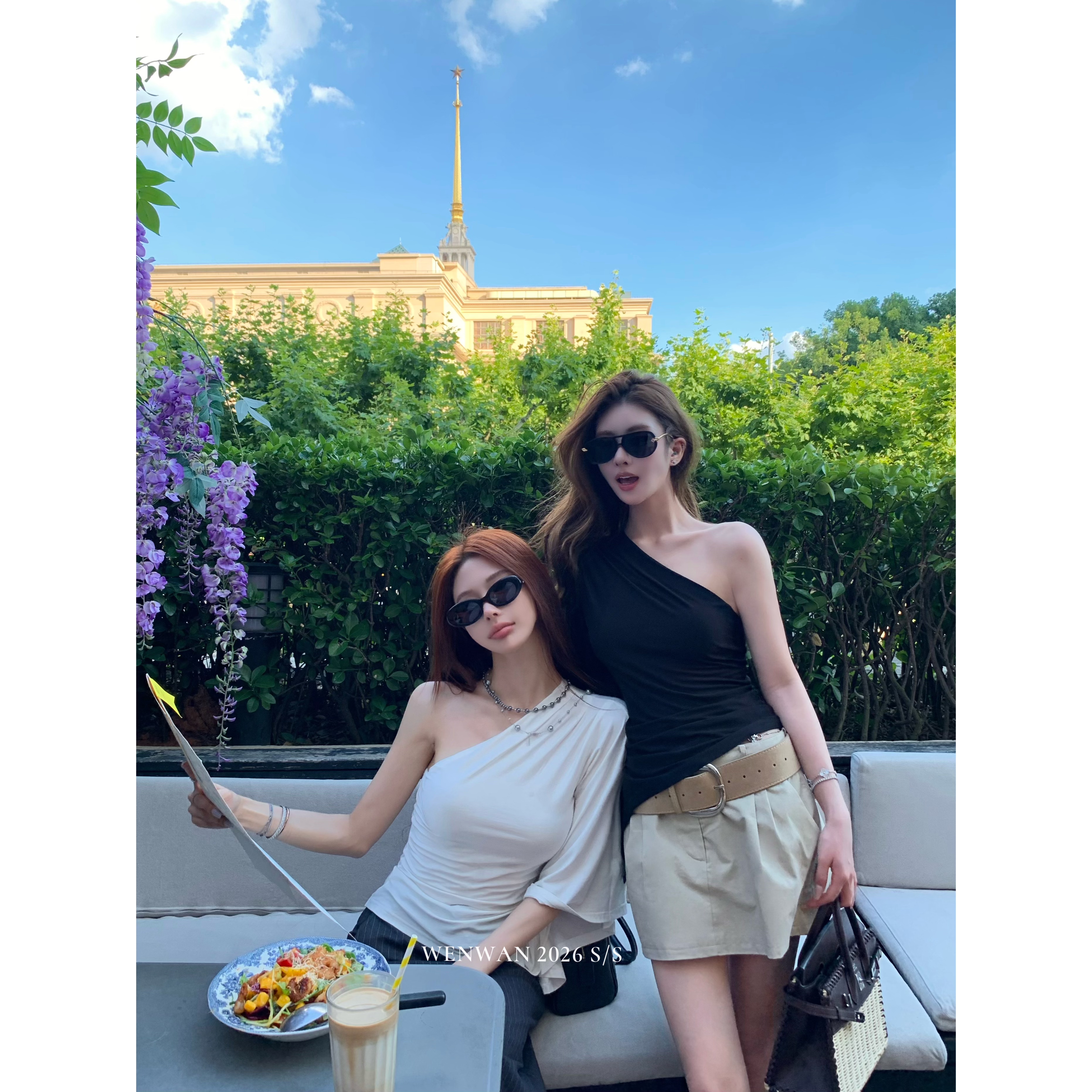 WENWAN【黑白信件】小众设计感不规则斜肩垂感休闲慵懒上衣图片