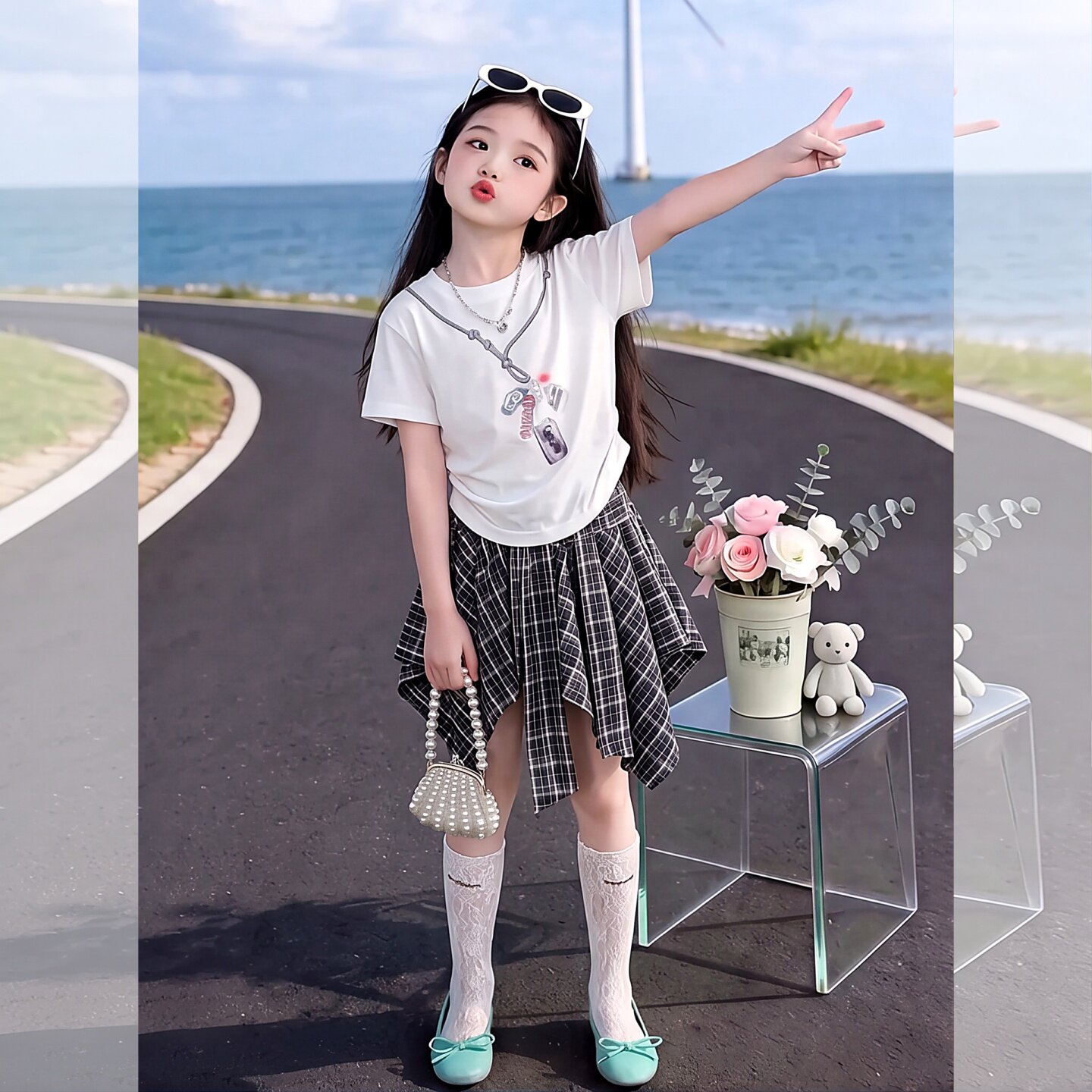 女童夏季甜美印花T恤格子不规则半身裙两件套复古休闲套装辣妹装