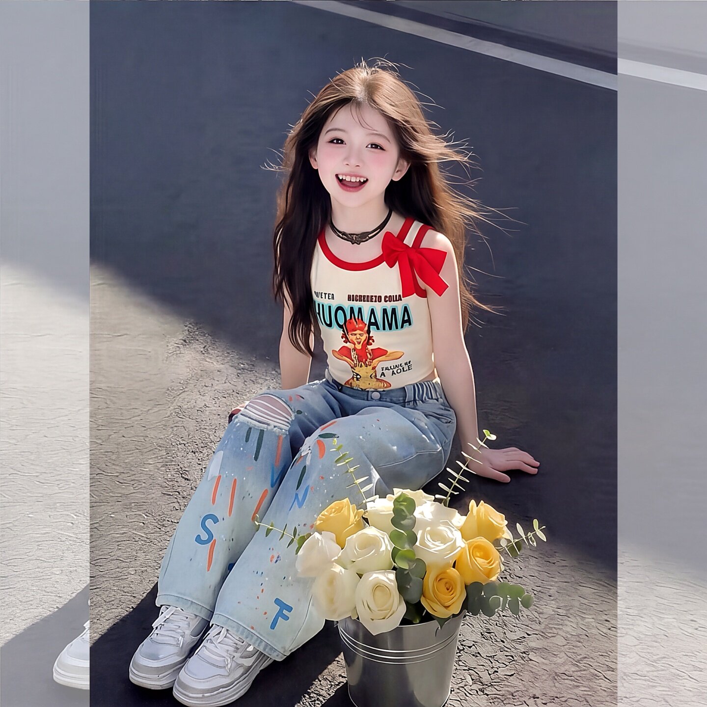 2026夏季女童时尚吊带外穿洋气背心蝴蝶结女孩儿童背心上衣短款炸