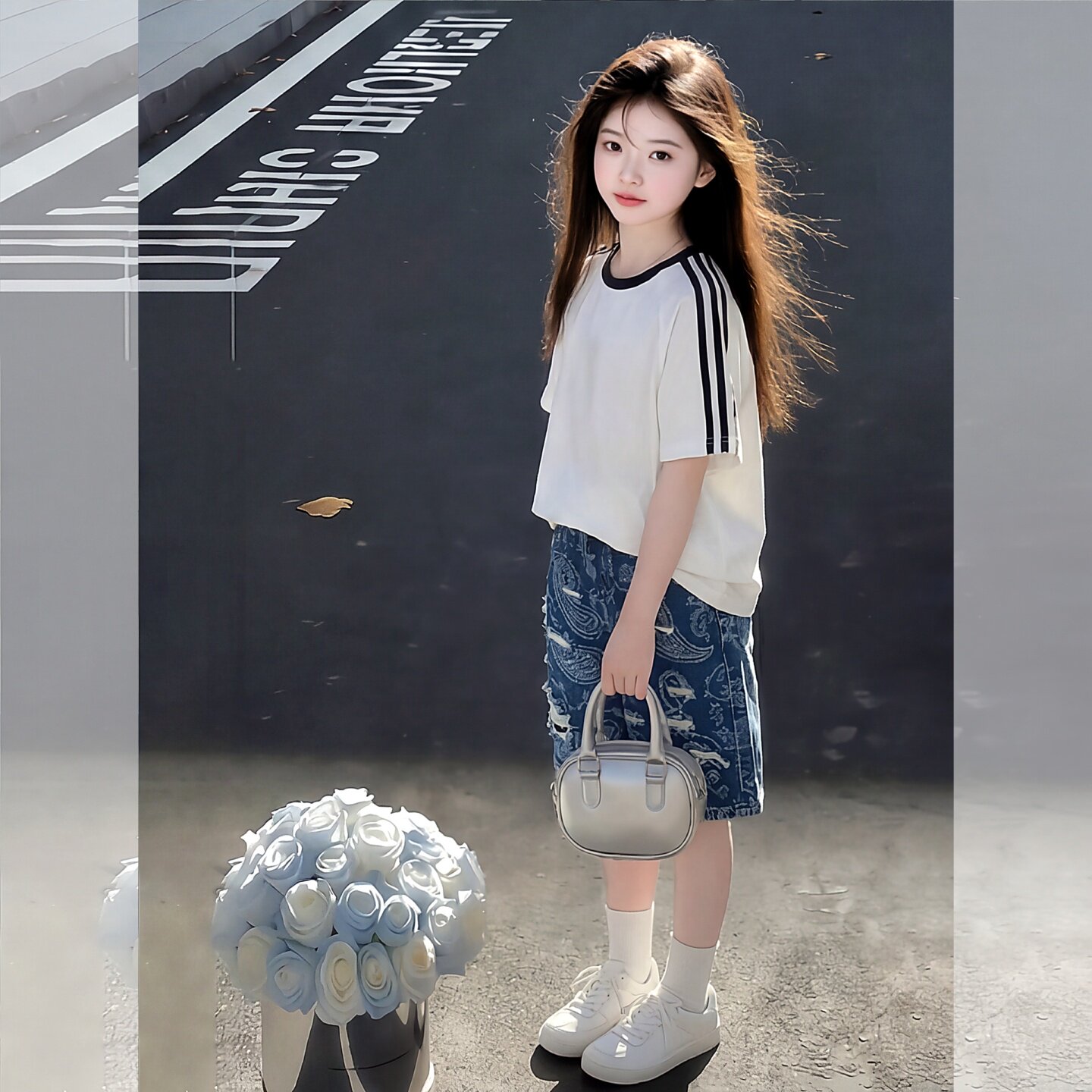 女中大童夏季纯棉三条杠短袖套装