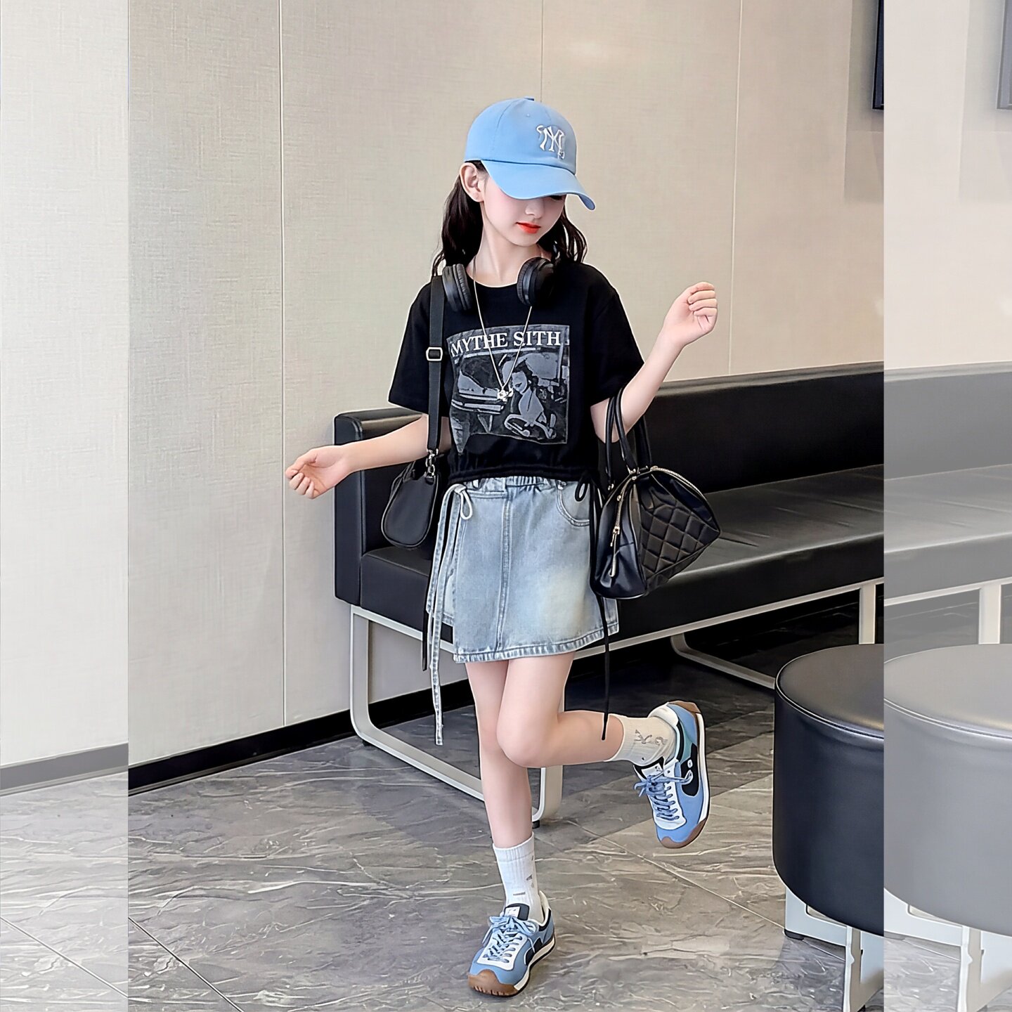 女童夏套装2026新款女孩大童巨好看薄款牛仔短裤初中生潮酷两件套