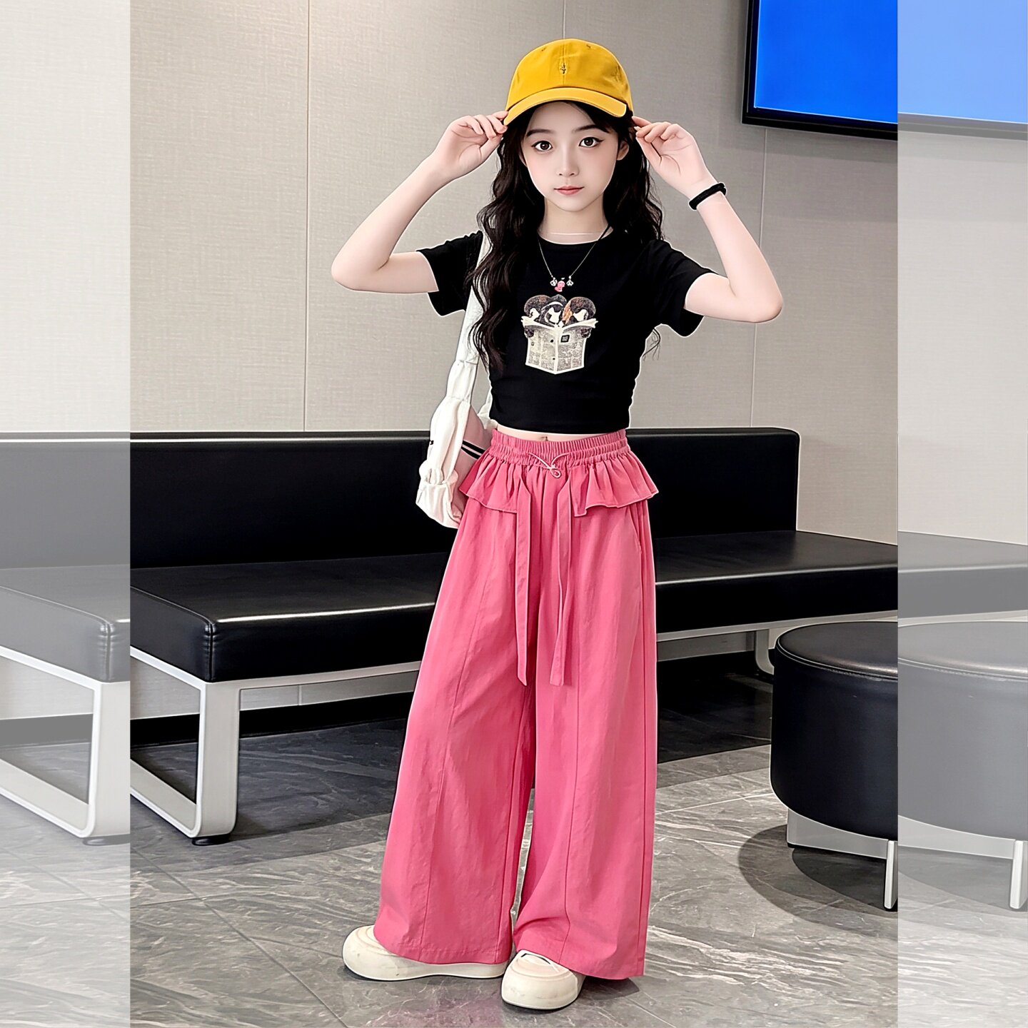 女童夏季洋气小狗印花上衣阔腿裤两件套2026新款洋气时尚休闲夏装