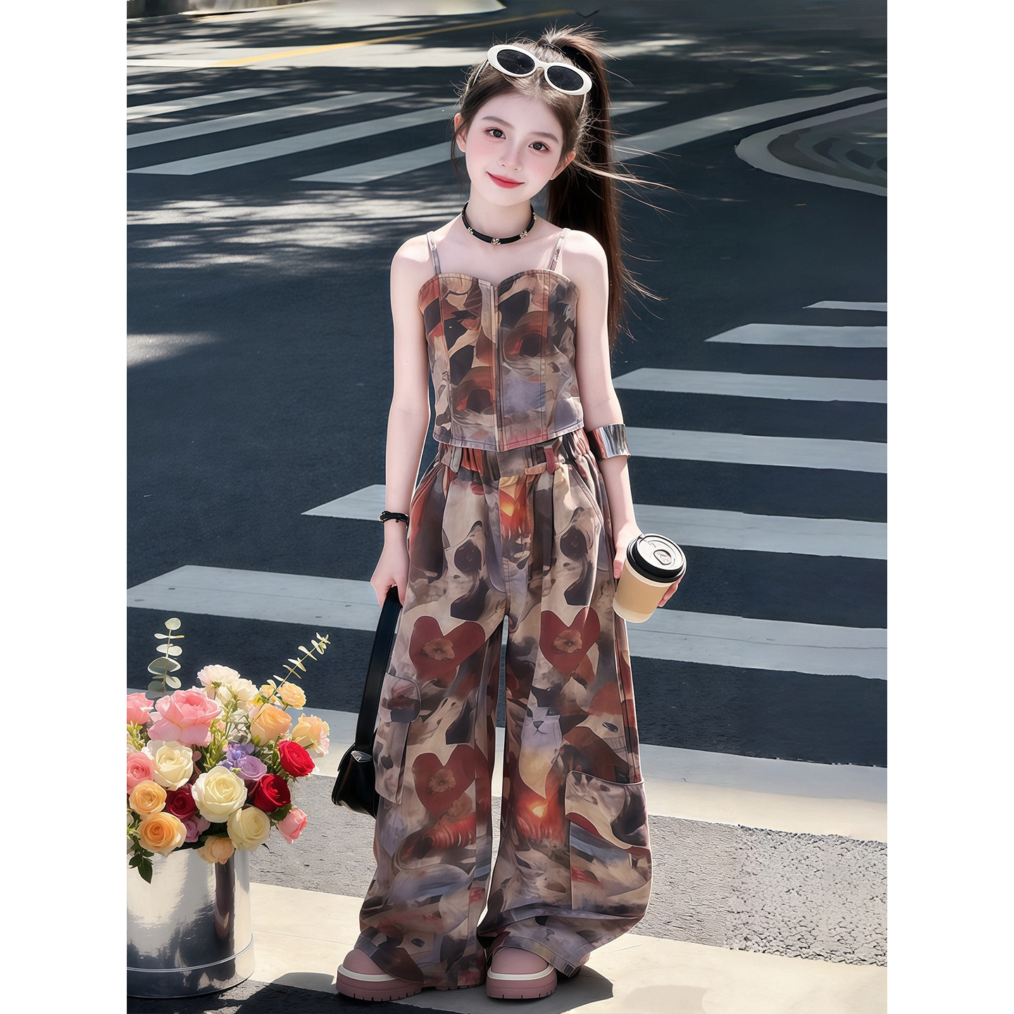 女童夏装套装2026新款儿童洋气吊带上衣夏季女孩工装裤迷彩两件套