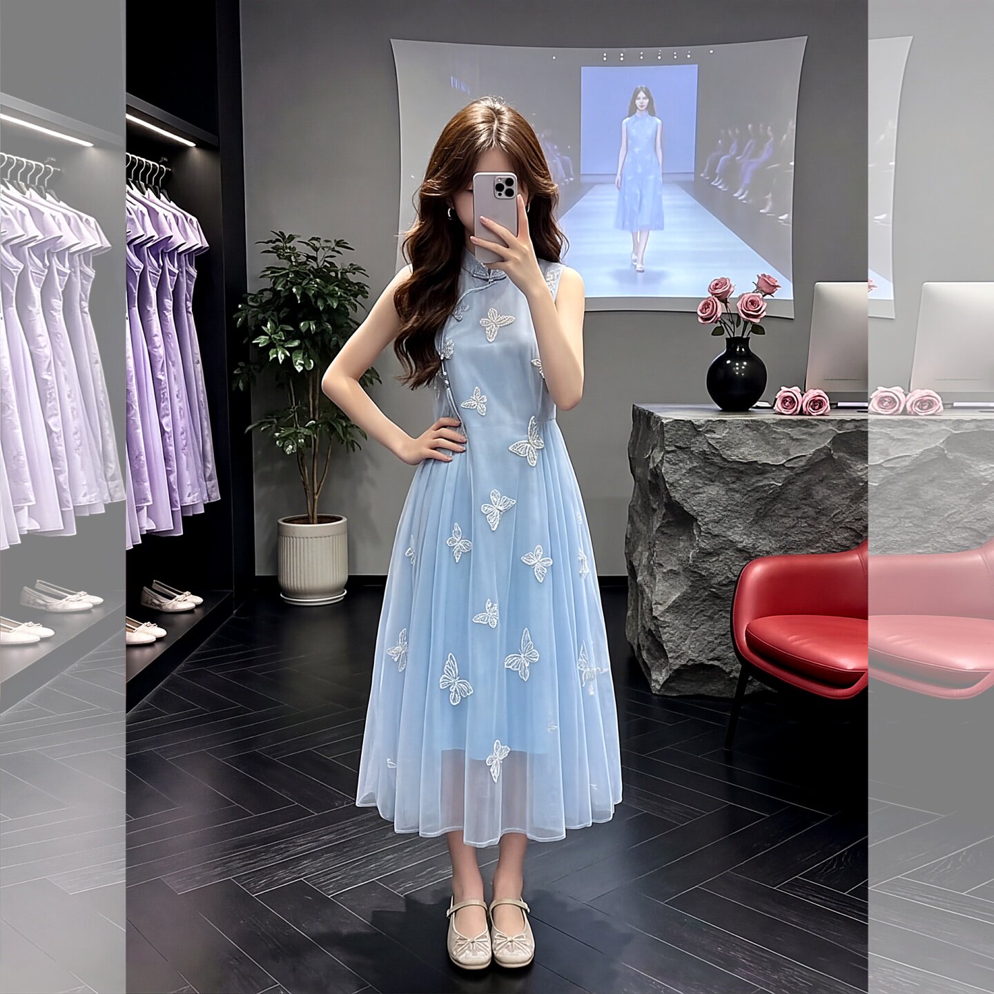 女童中国风蝴蝶刺绣无袖连衣裙女