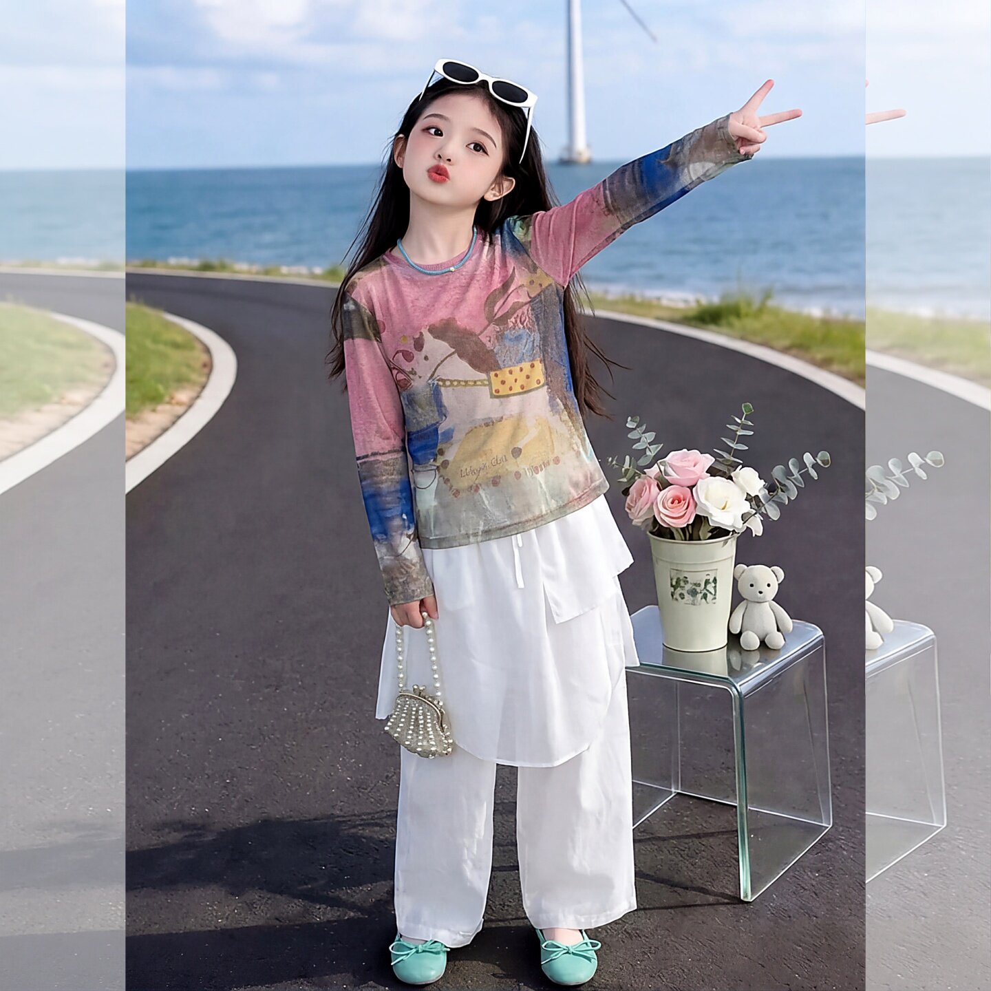 女童2026夏季防晒长袖T恤套装韩版洋气薄款屁帘休闲裤两件套