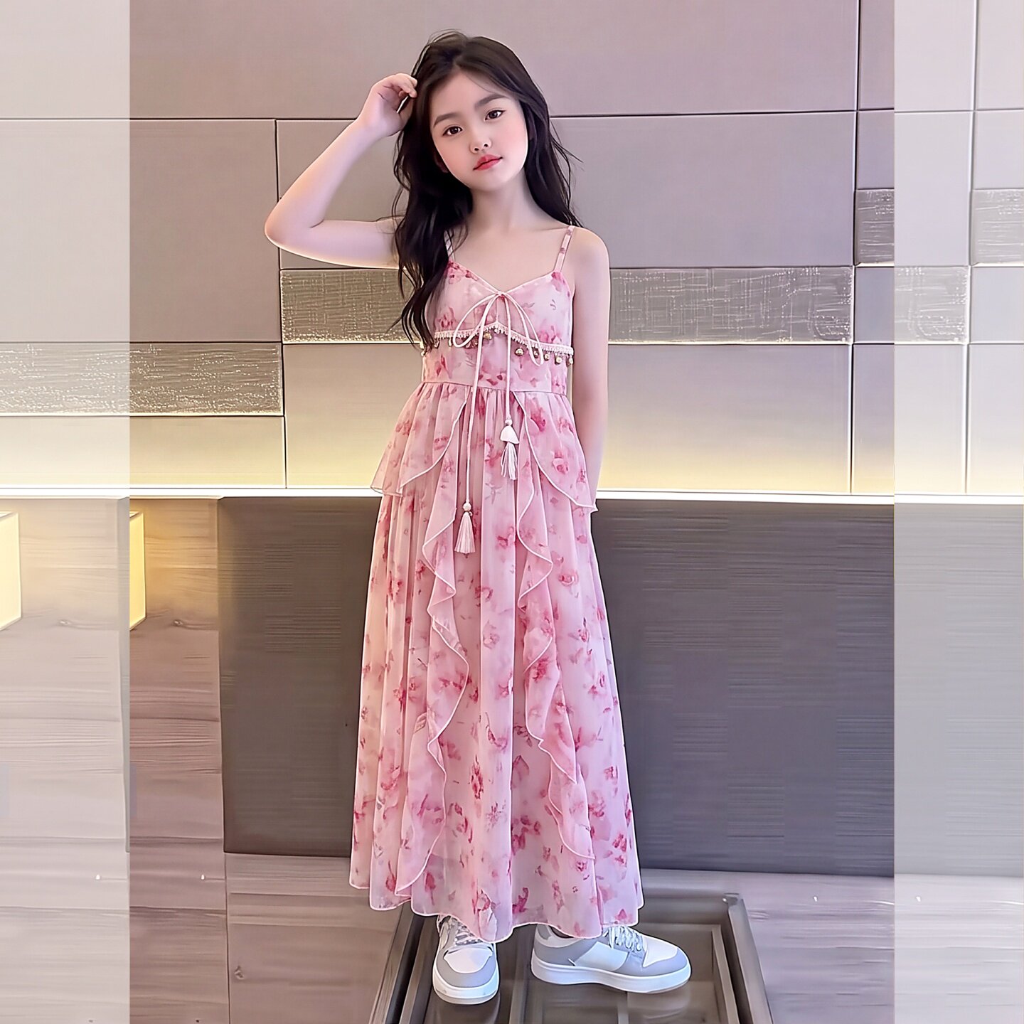 女童吊带裙甜美风碎花吊带连衣裙