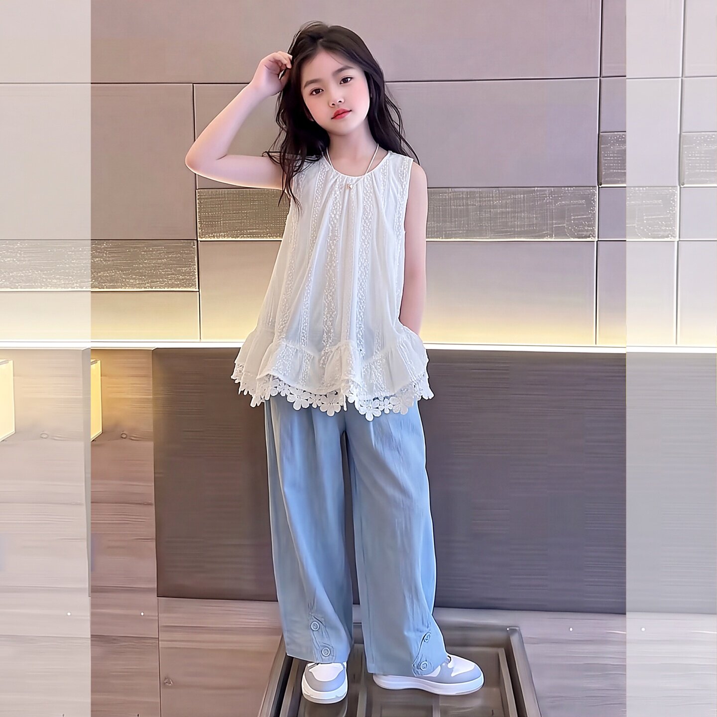 女童休闲清新套装夏季蕾丝花边无