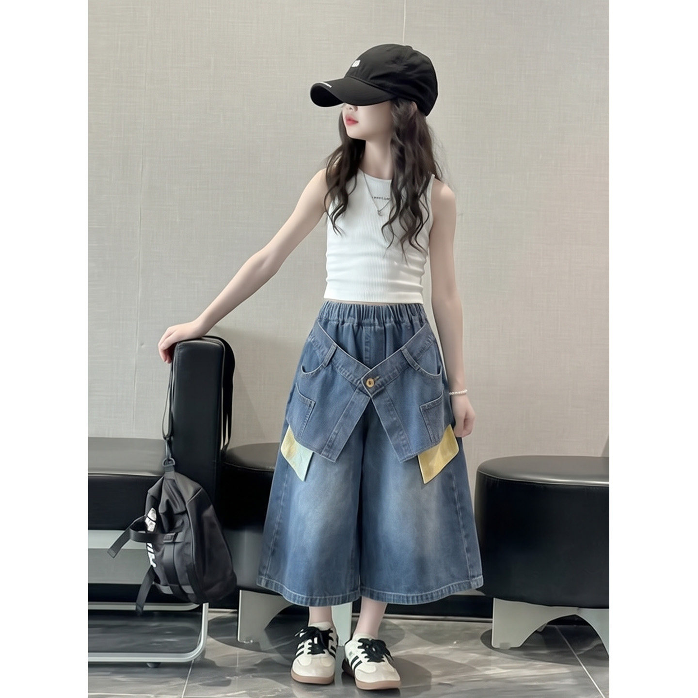 女童夏季牛仔阔腿中裤高腰