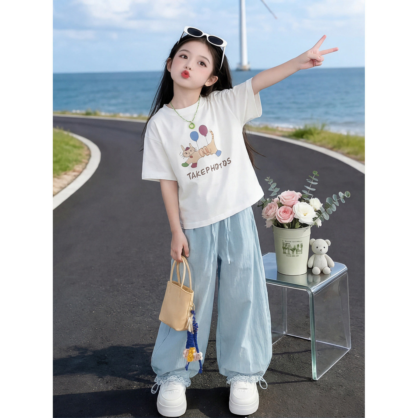 女童夏季印花短袖套装薄款儿童