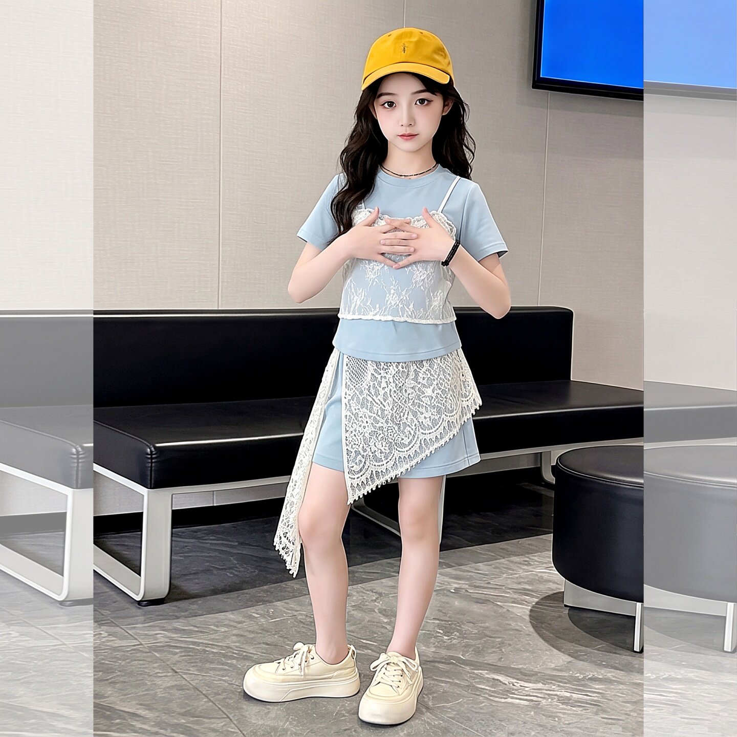 韩版蕾丝拼接假两件套装女童新款