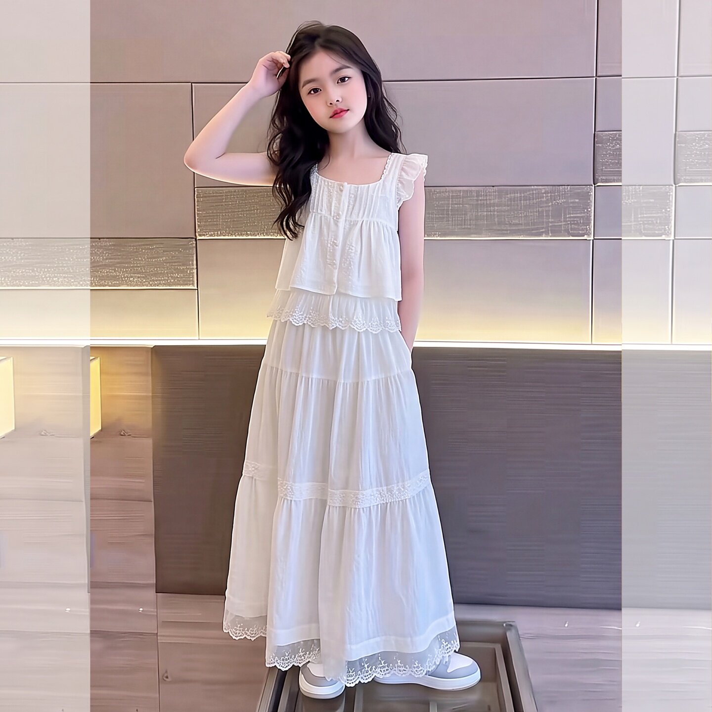 女童白色连衣裙套装大儿童装超仙