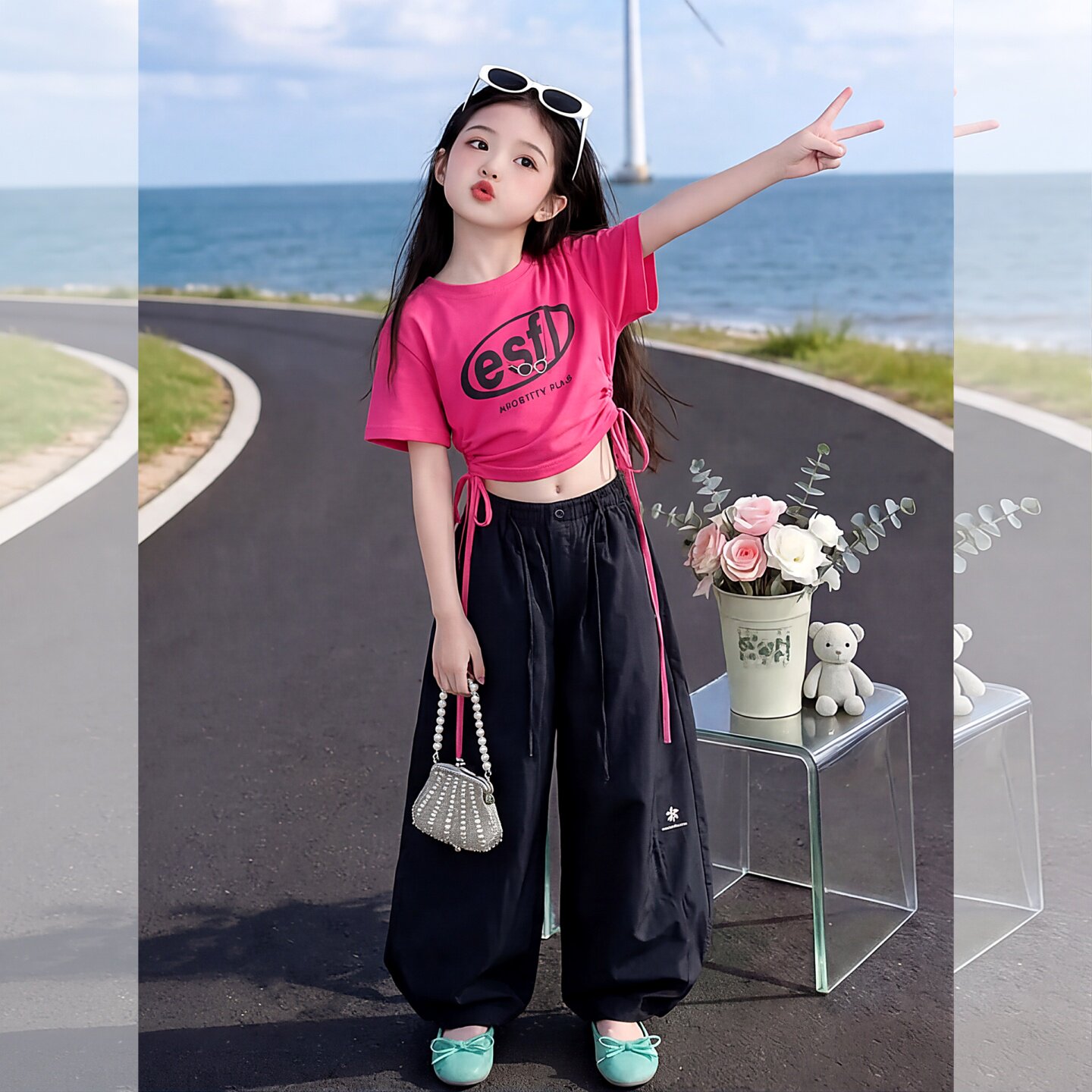 女童工装裤宽松阔腿裤套装2026女