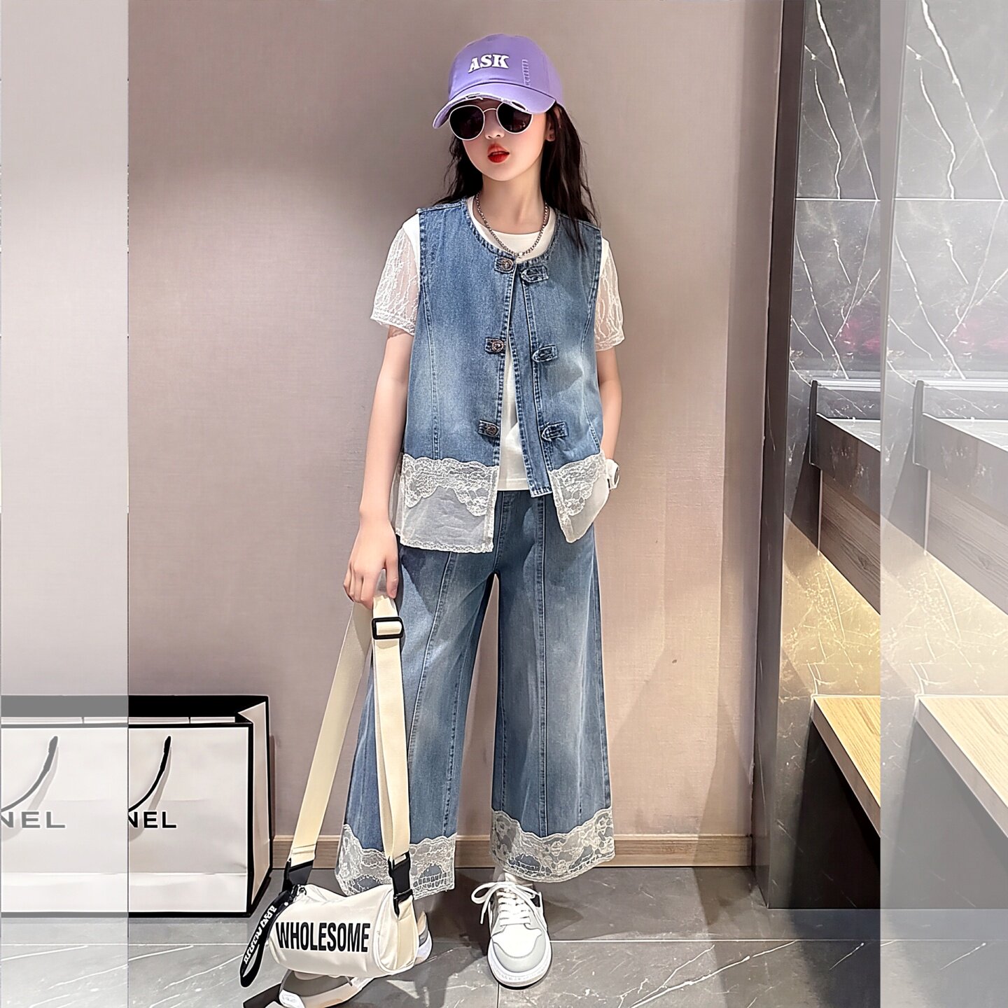 女童夏季短袖套装2026新款洋气儿童夏装衣服女大童牛仔马甲三件套