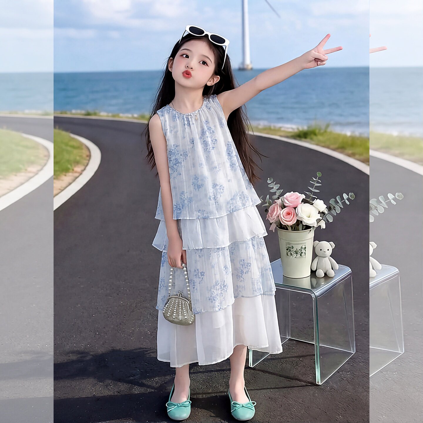 女童连衣裙2026夏季新款甜美范夏日薄款圆领无袖洋气碎花背心裙潮